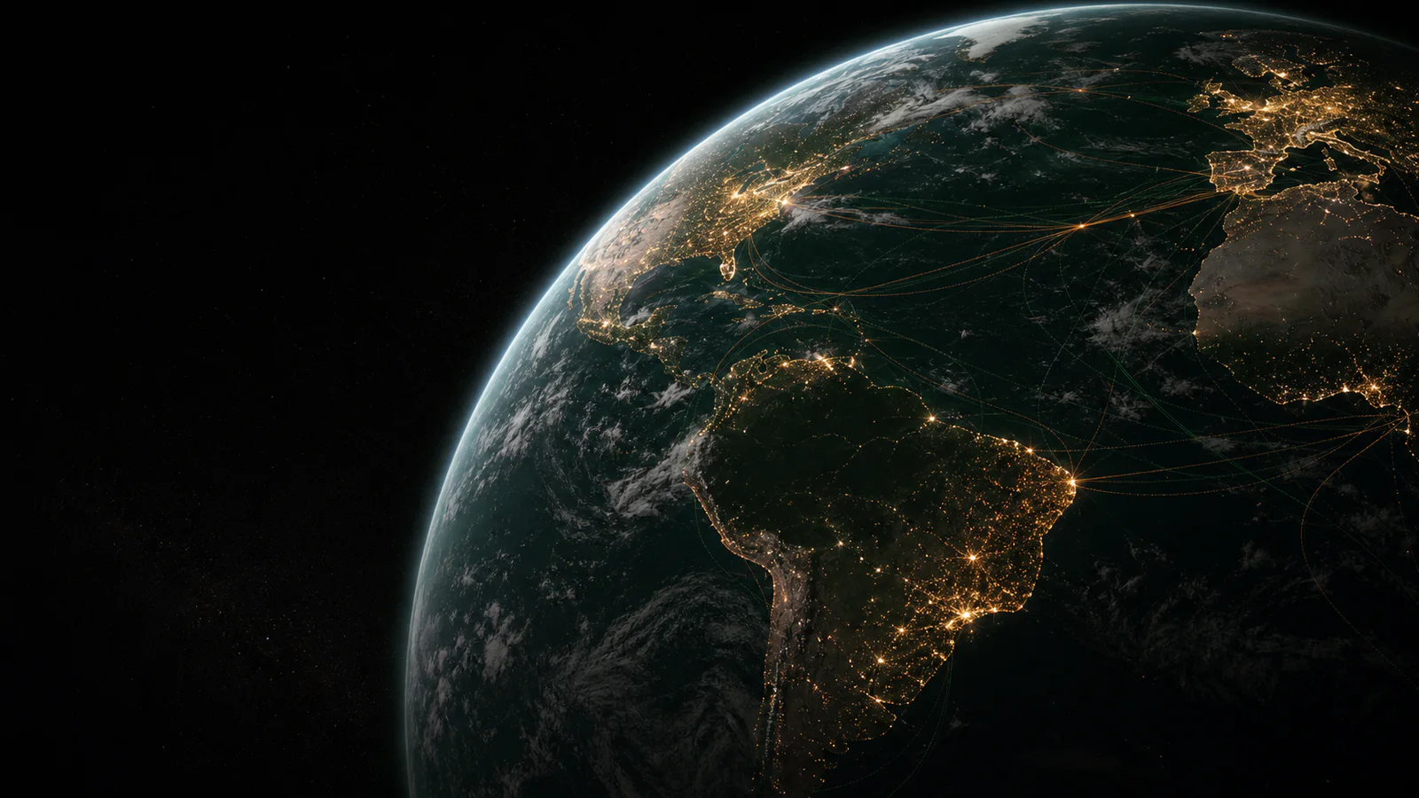 Earth from orbit with international connections radiating from Brazil